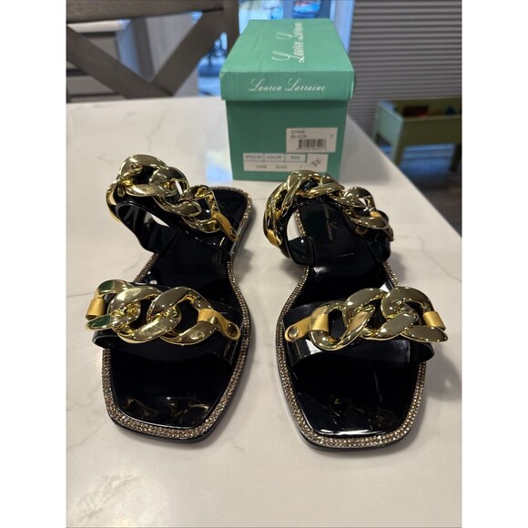 Lauren Lorraine Womens Size 7 Black Jelly Slide Sandals Gold Chain Rhinestone - Picture 1 of 7